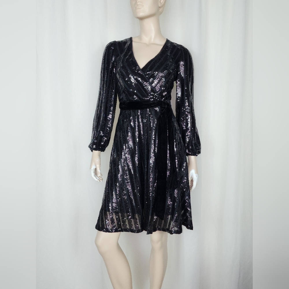 Nanette Lepore Sequin Sparkle Stripe Wrap Style Mini skater dress Black 2 NWT
